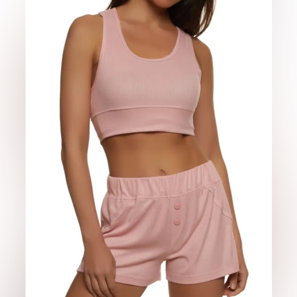 Love to Sleep Pink Ribbed Knit Pajama Bralette and Shorts Set, L